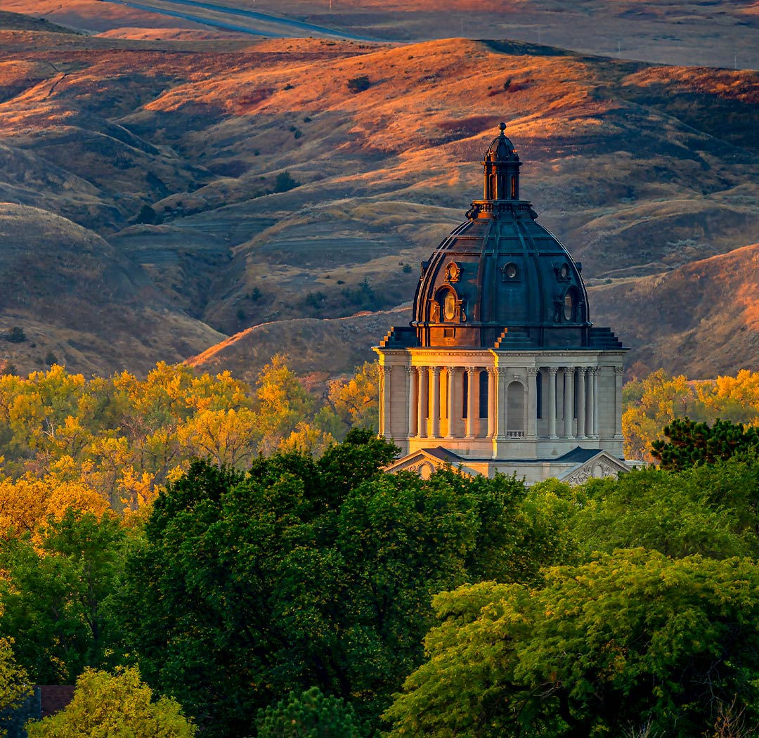 capitol building peaking above tree line